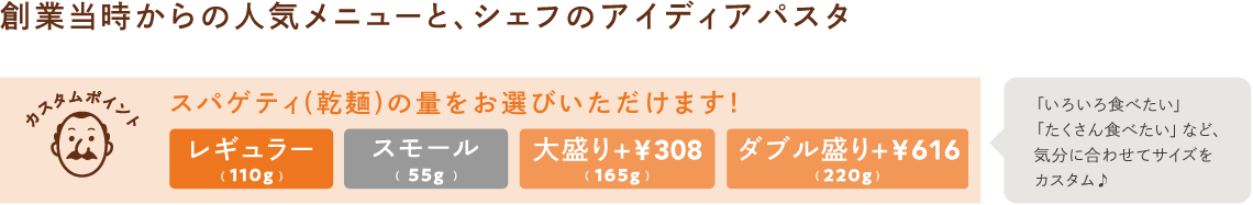 パスタはサイズをお選びいただけます！